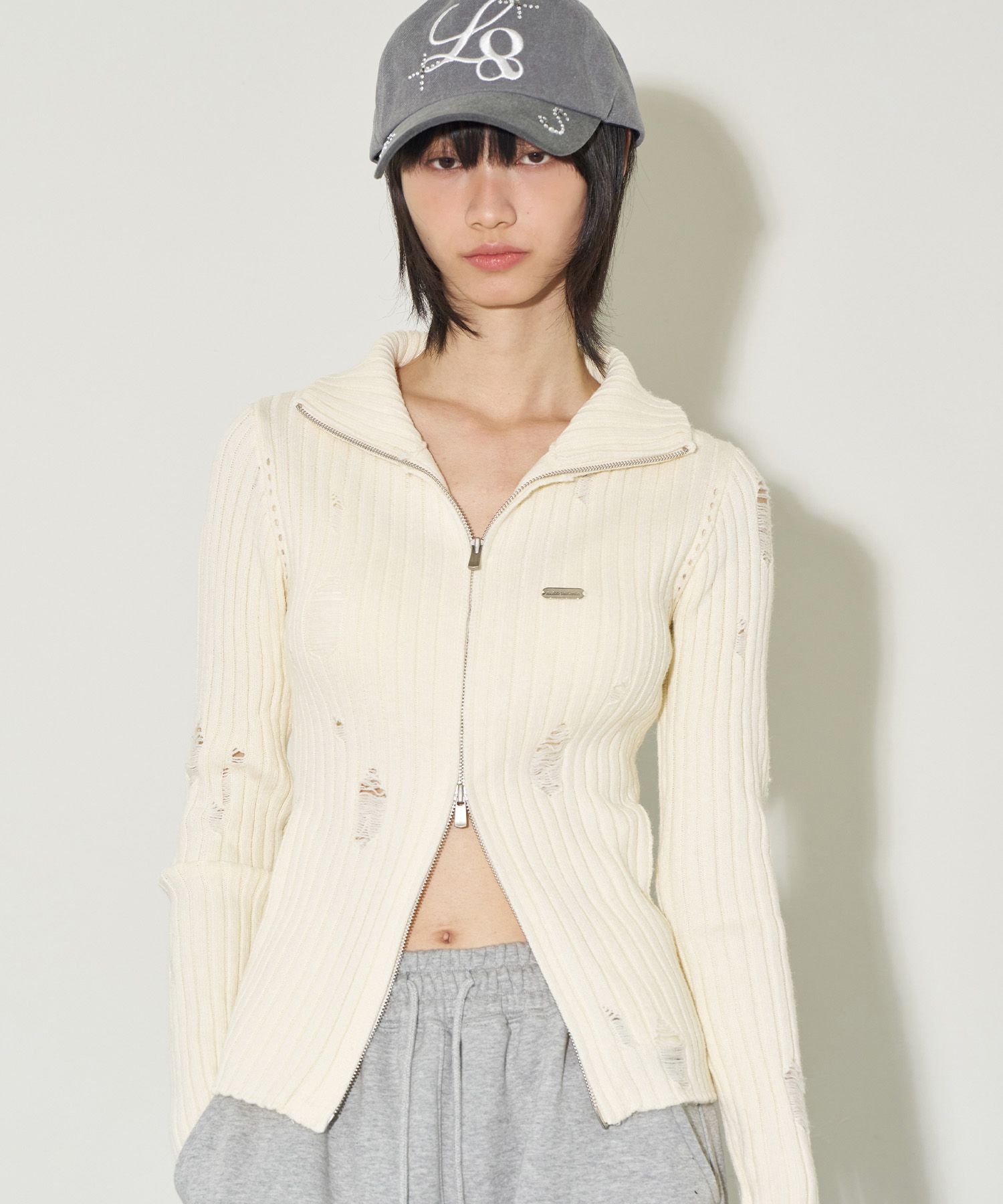 トップス ILLIGO Punching Damage Knit Zip-up Cream MUSINSA公式 | ILLIGO Punching Damage Knit Zip-up - 3 COLOR