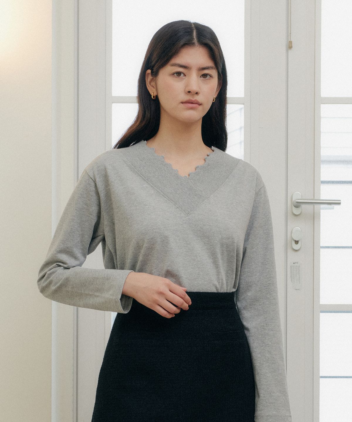 엽페(YUPPE) LONG SHIRRING T-SHIRT_GRAY