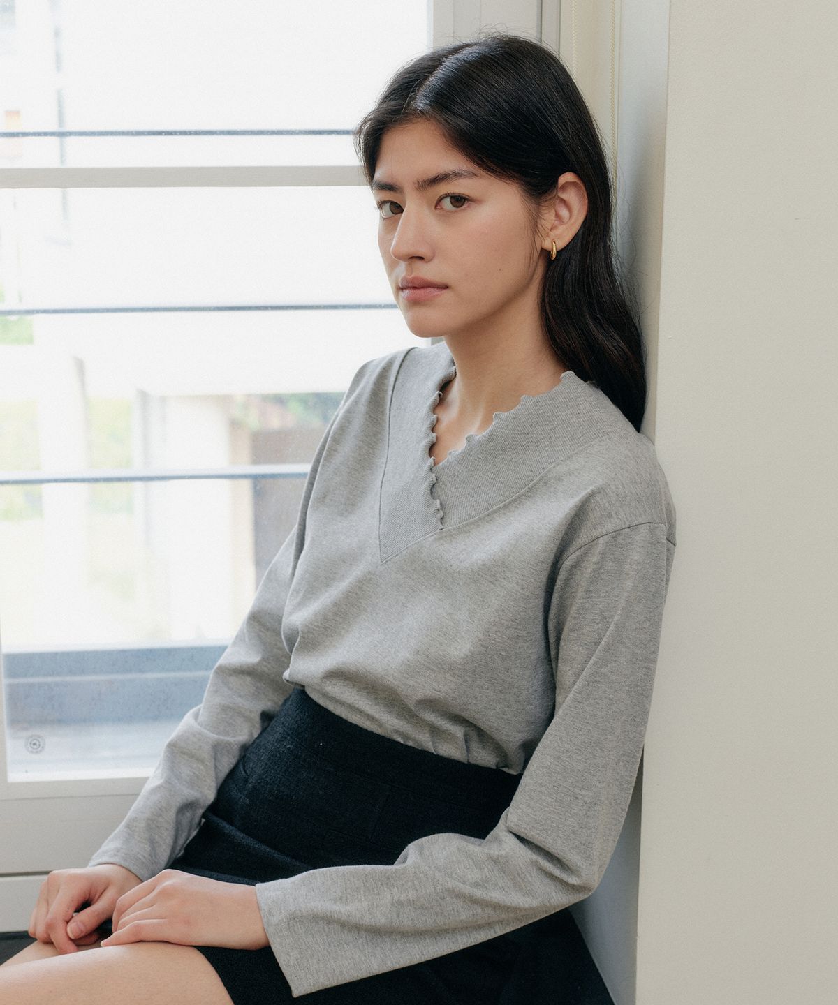엽페(YUPPE) LONG SHIRRING T-SHIRT_GRAY