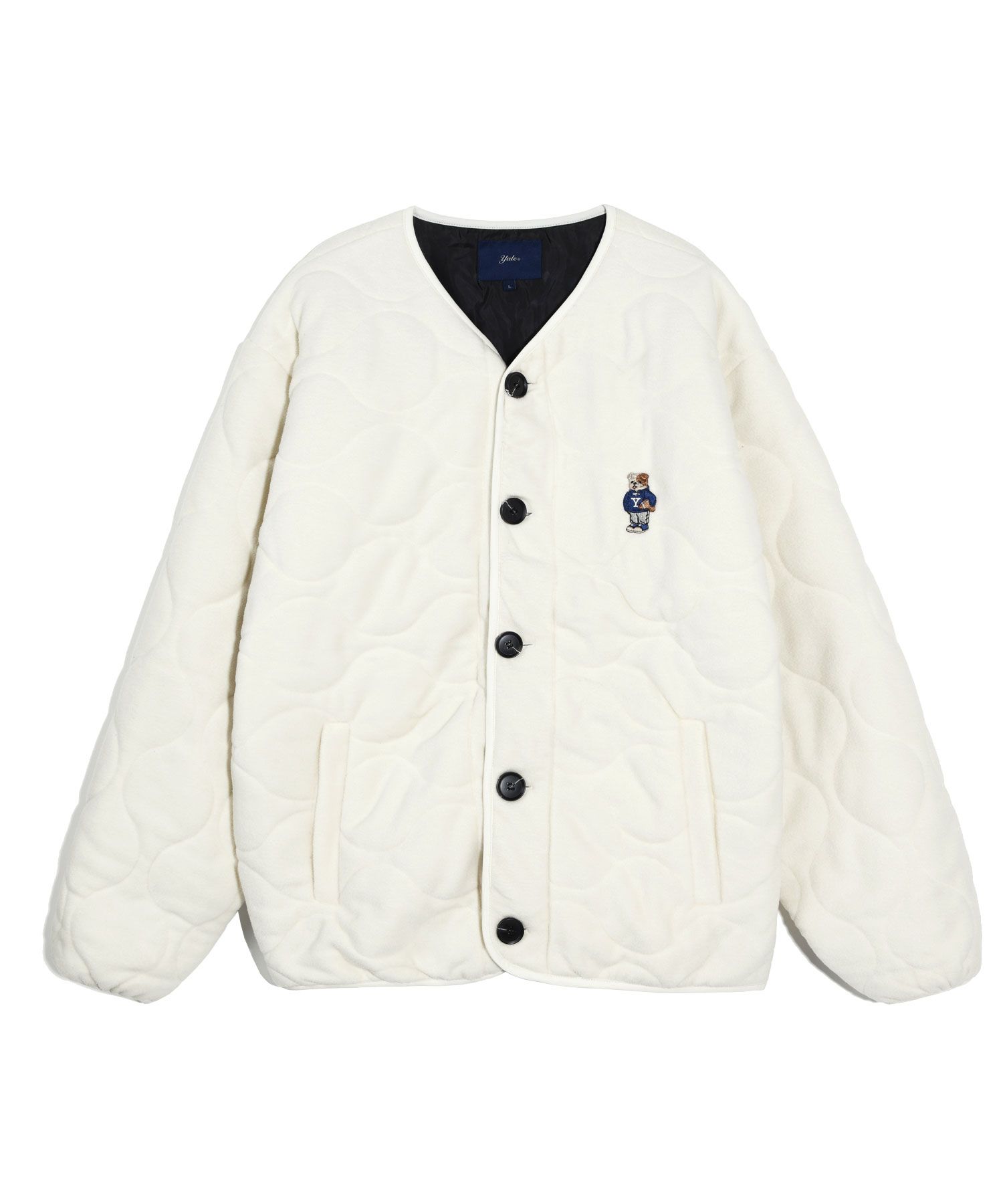 フリースジャケット YALE Embroidery Dan Collarless Boa Fleece Jacket Ivory YD09J YALE Embroidery Dan Collarless Boa Fleece Jacket Ivory YD09J