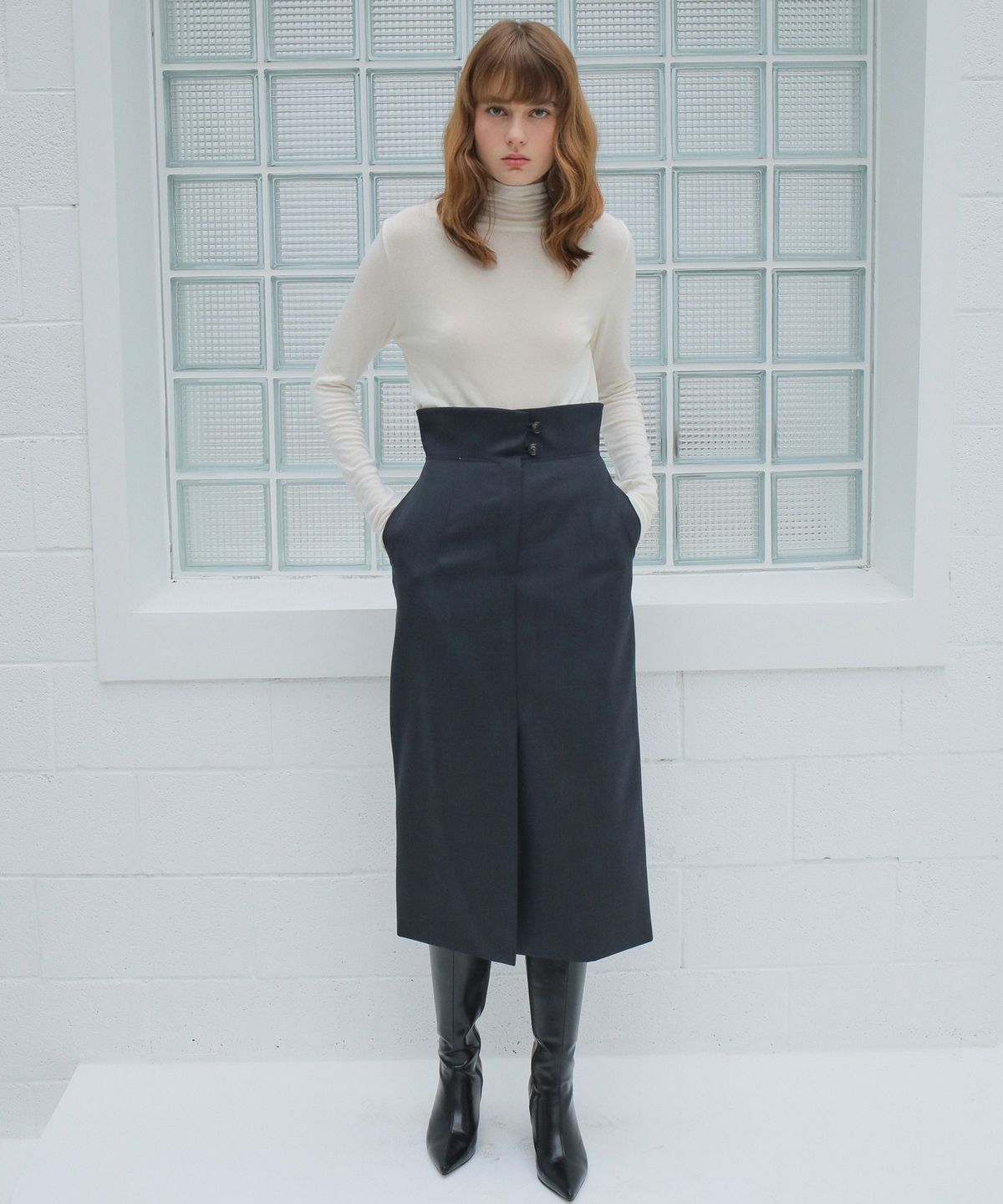 폴앤앨리스(PAUL&ALICE) HIGH WAIST WOOL SKIRT / DARK GREY