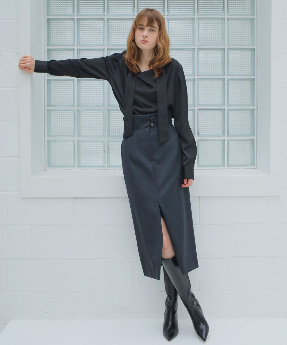 폴앤앨리스(PAUL&ALICE) HIGH WAIST WOOL SKIRT / DARK GREY