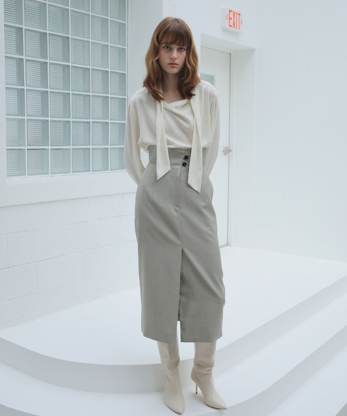폴앤앨리스(PAUL&ALICE) HIGH WAIST WOOL SKIRT / KHAKI