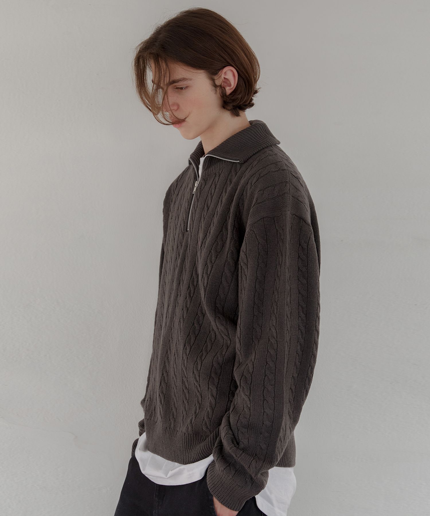 MUSINSA | AGOD Half Zip Up Cara Neck Cable Knit - Charcoal
