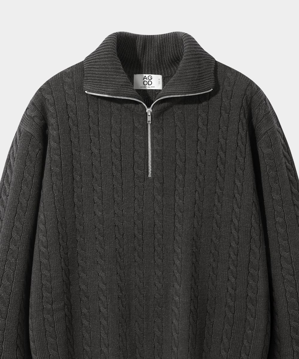 MUSINSA | AGOD Half Zip Up Cara Neck Cable Knit - Charcoal