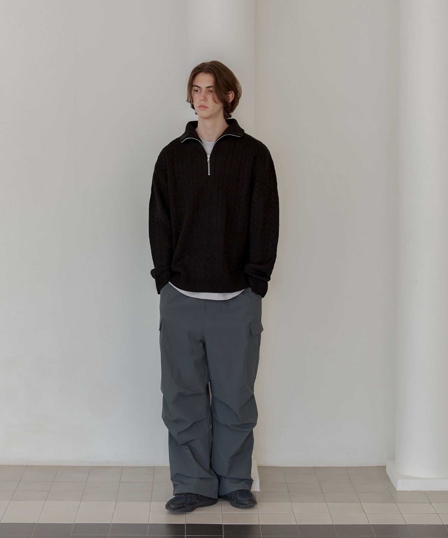MUSINSA | AGOD Half Zip Up Collar Neck Cable Knit - Black