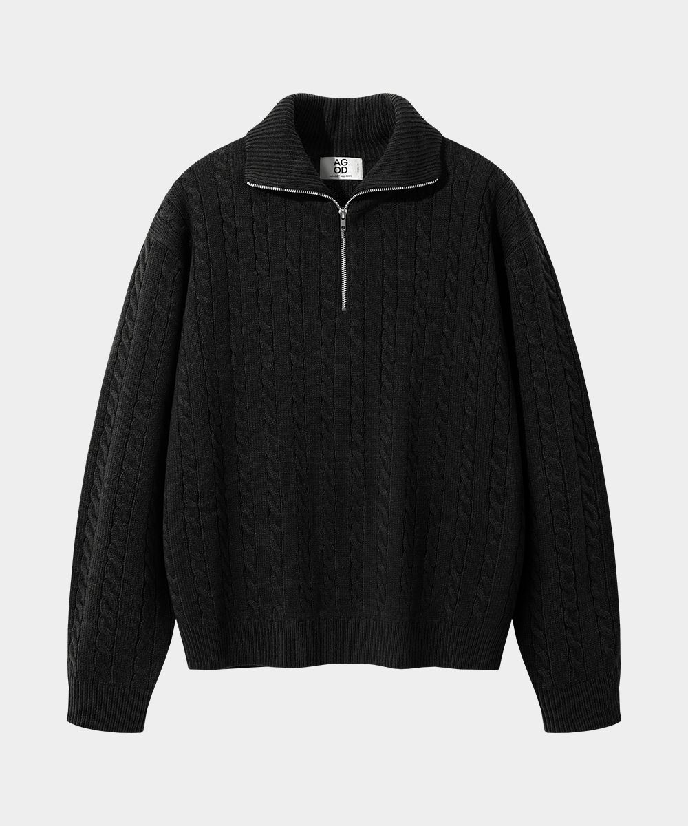 完璧すぎるが故三度も MUSINSA | AGOD Half Zip Up Collar Neck Cable Knit - Black その他