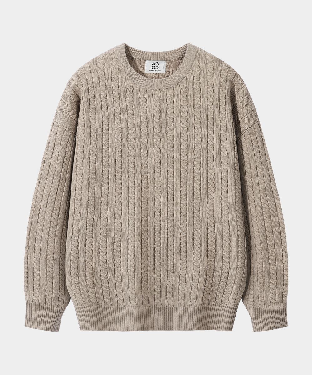 MUSINSA | AGOD Crew Neck Overfit Cable Sweater Knit - Beige