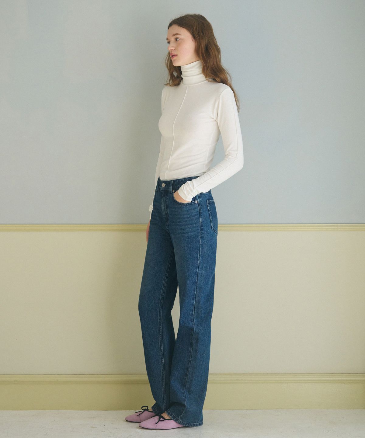 드로우핏 우먼(DRAWFIT WOMEN) 핀턱 터틀넥 롱 슬리브 탑 [BEIGE]