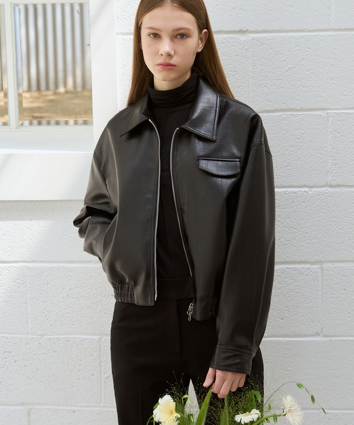 드로우핏 우먼(DRAWFIT WOMEN) 크랙 레더 자켓 [BLACK]