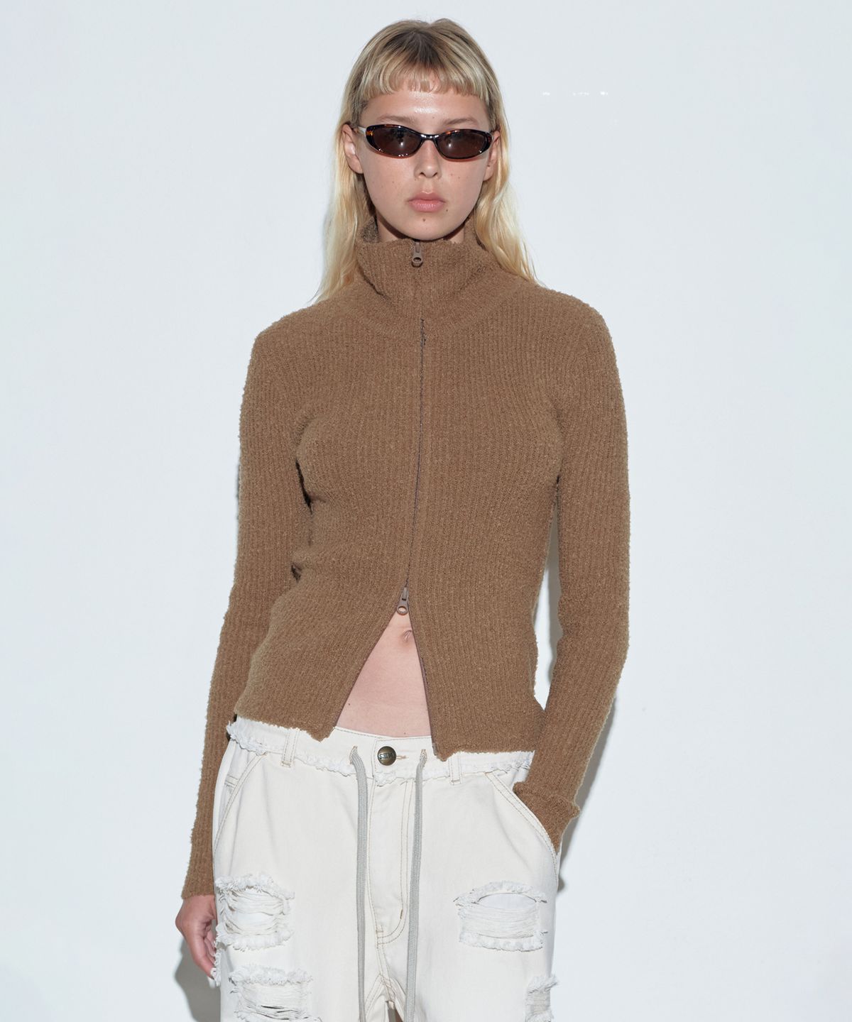 스컬프터(SCULPTOR) Boucle Knit Zip-Up Toast