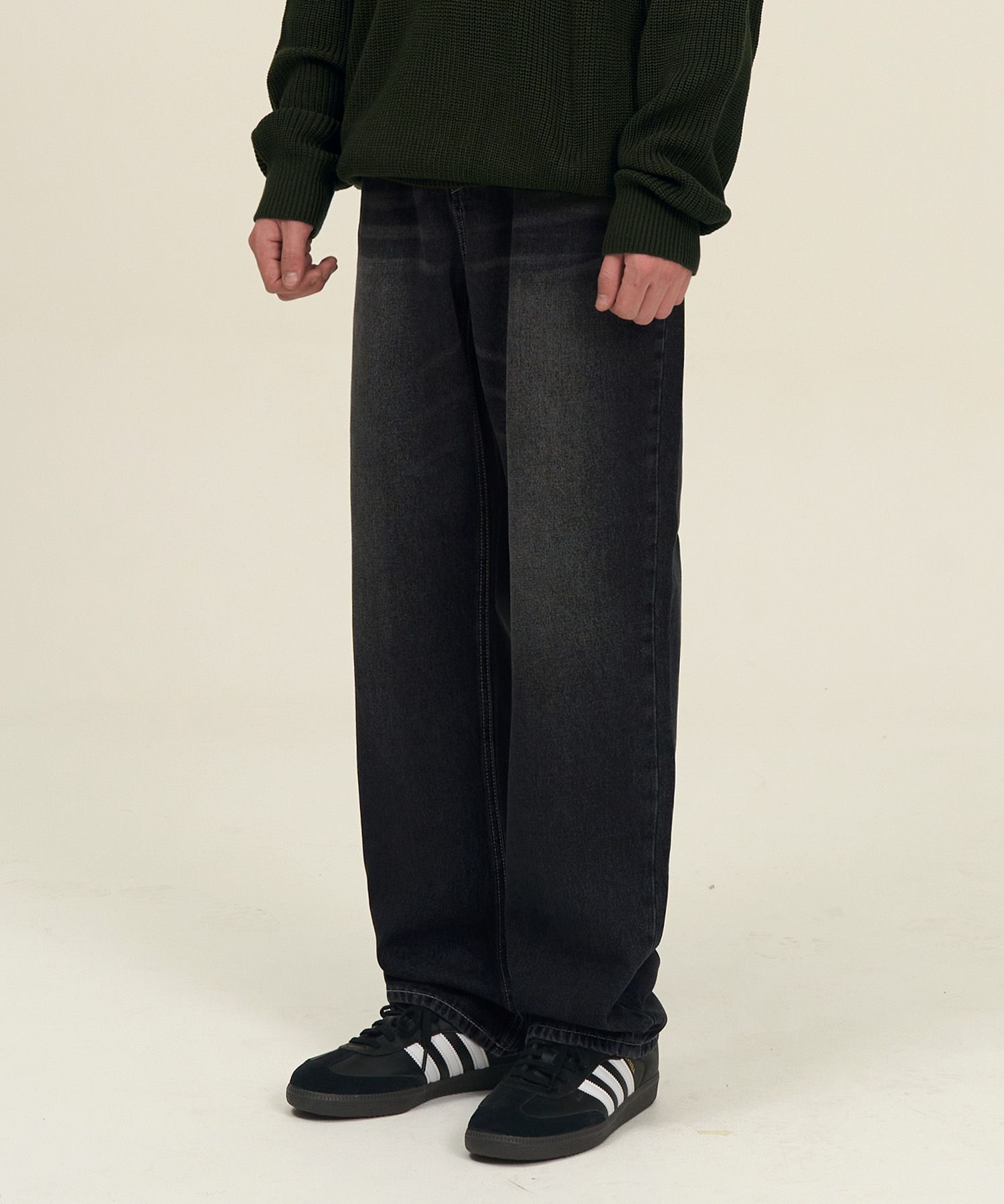★MUSINSA STANDARD★ Front destroyed wide denim pants washed MUSINSA | XTONZ XP172 Big Wide Balloon Denim Pants (BLACK)