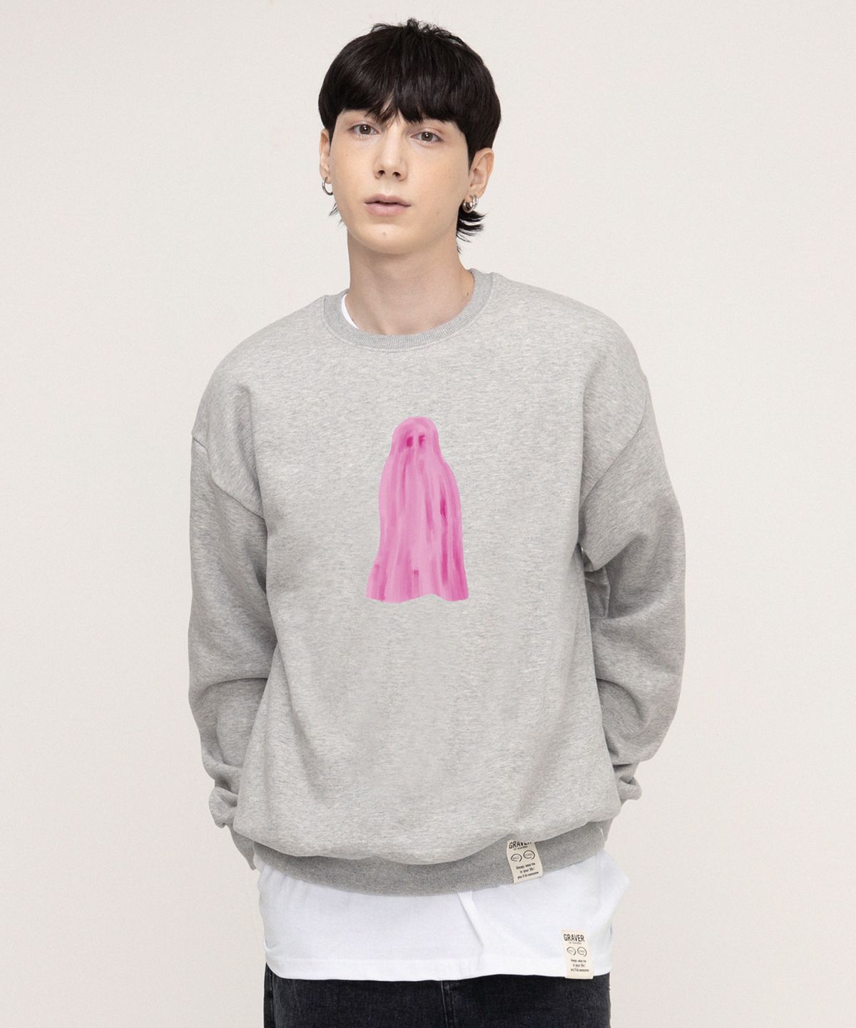 그레이버(GRAVER) [UNISEX]고스트 센터 맨투맨_그레이/핑크 로고