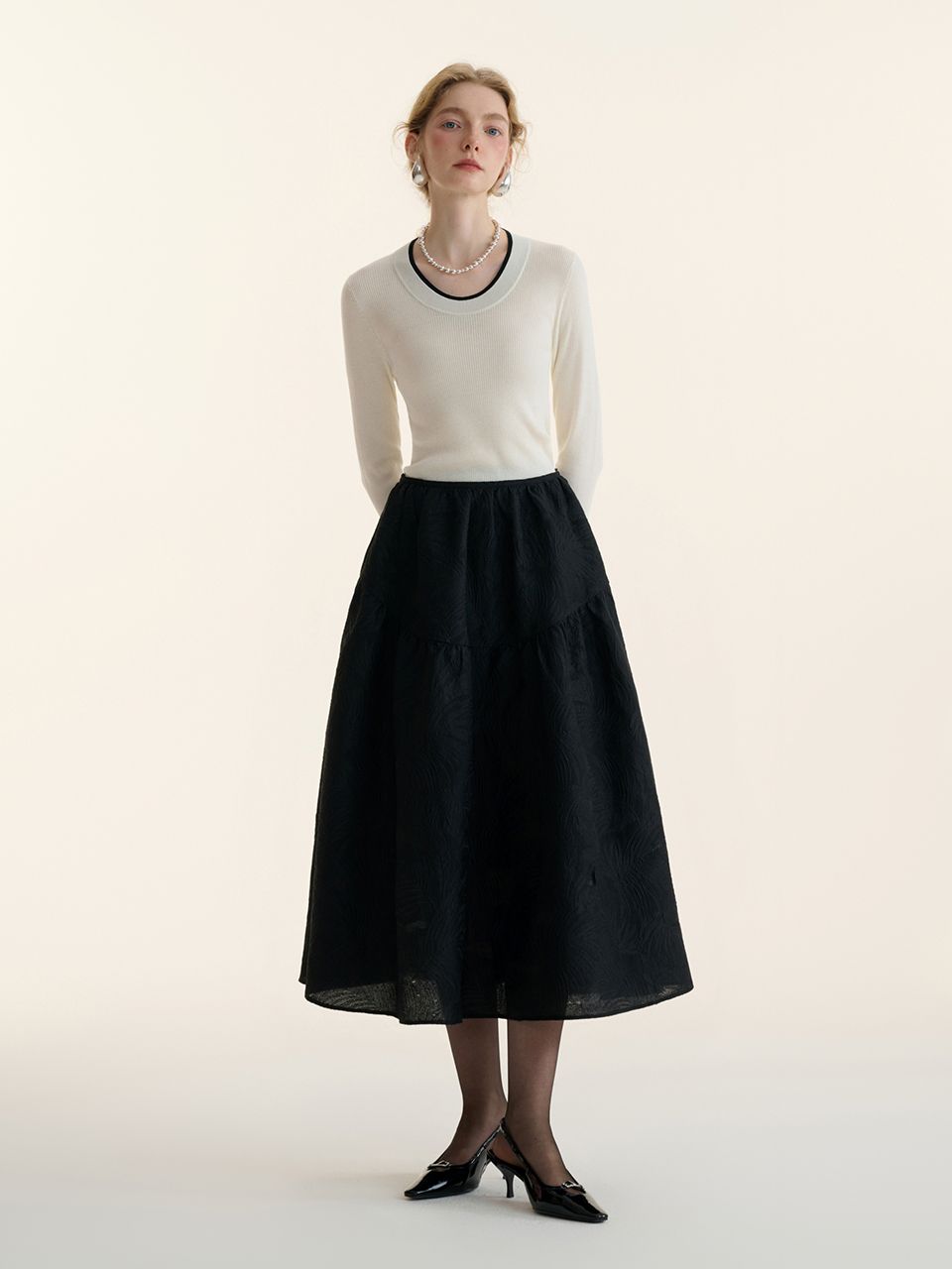 MUSINSA | SINCETHEN Jacquard flare skirt (black)