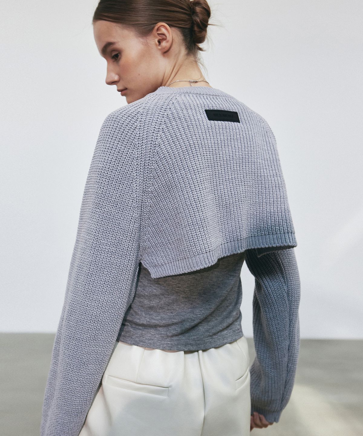 닉앤니콜(NICK&NICOLE) APPLIQUE RIBBED KNIT BOLERO_GRAY