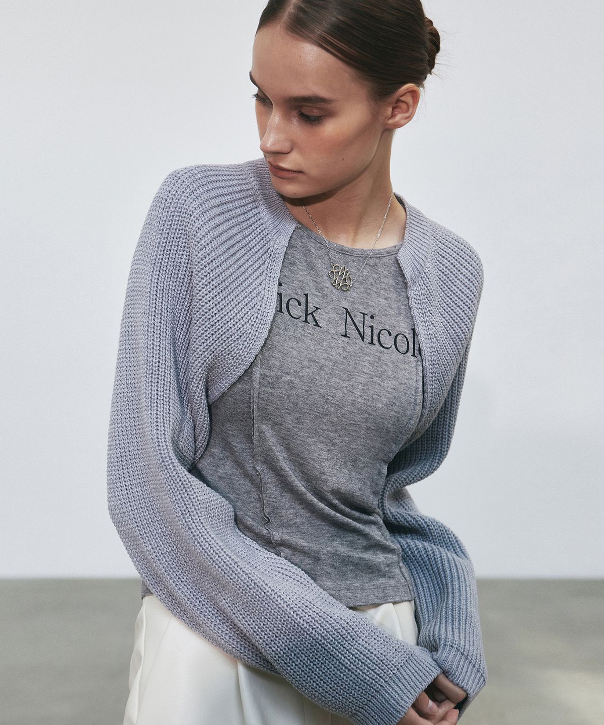 닉앤니콜(NICK&NICOLE) APPLIQUE RIBBED KNIT BOLERO_GRAY