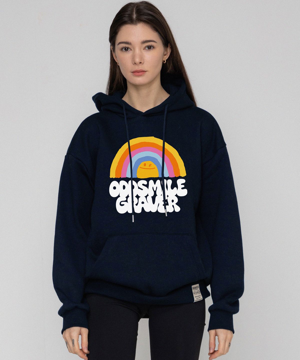 그레이버(GRAVER) [UNISEX]ODDSMILE 레인보우 스마일 후드티_네이비