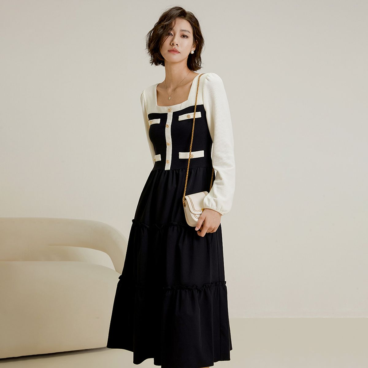 랭썬(LANGSON) LS_Color matching layer cake dress