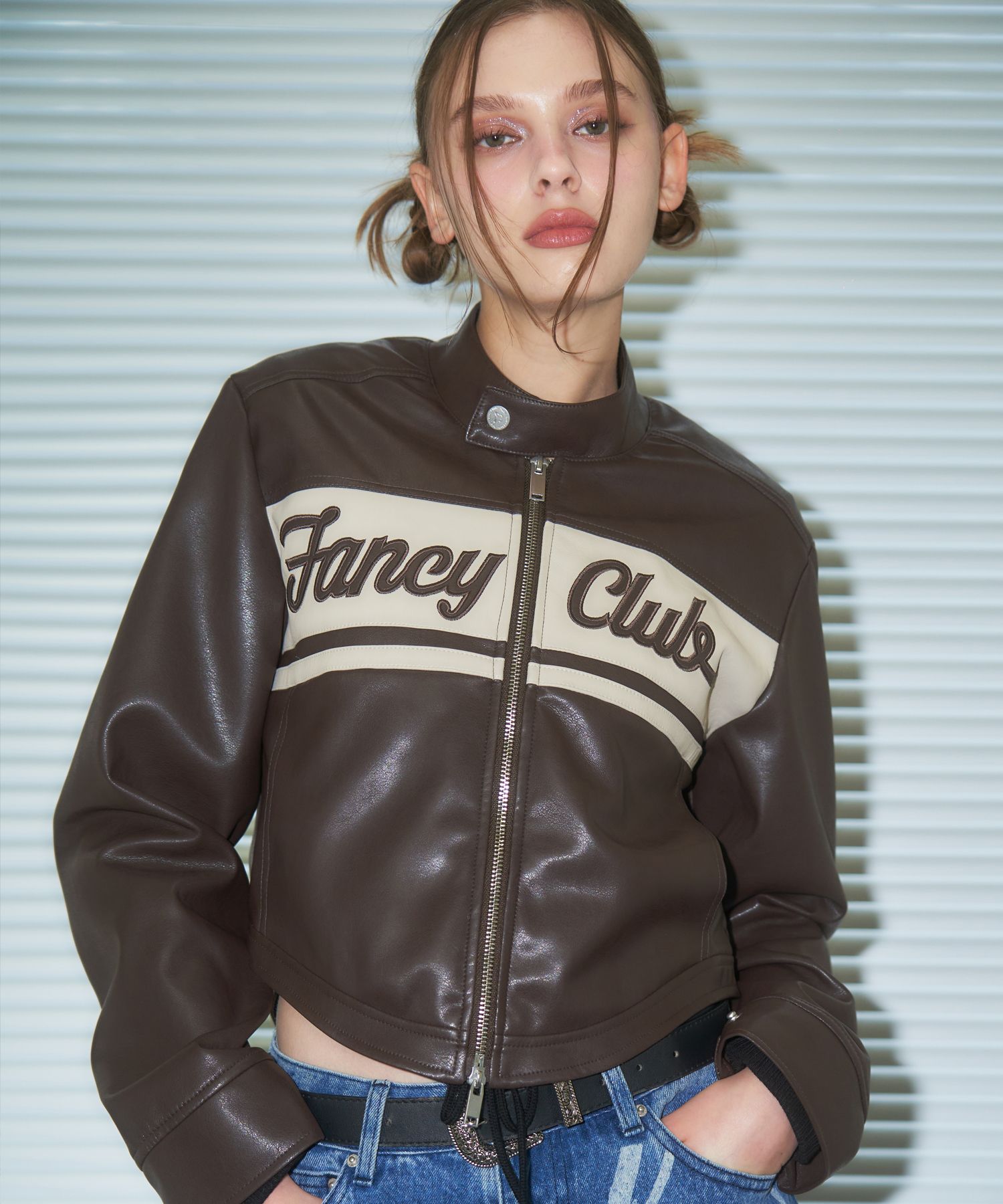 MUSINSA公式 | FANCY CLUB [NF] Bike cropped leather jacket (BROWN)_