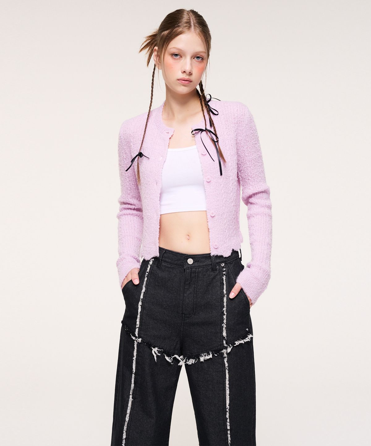 에트몽(ETMON) Curling Knit Cardigan, Pink