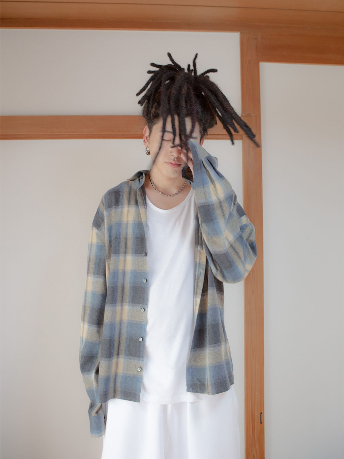 고저(GOZER) OVERSIZED FLANNEL CHECK SHIRTS_LIGHT BLUE