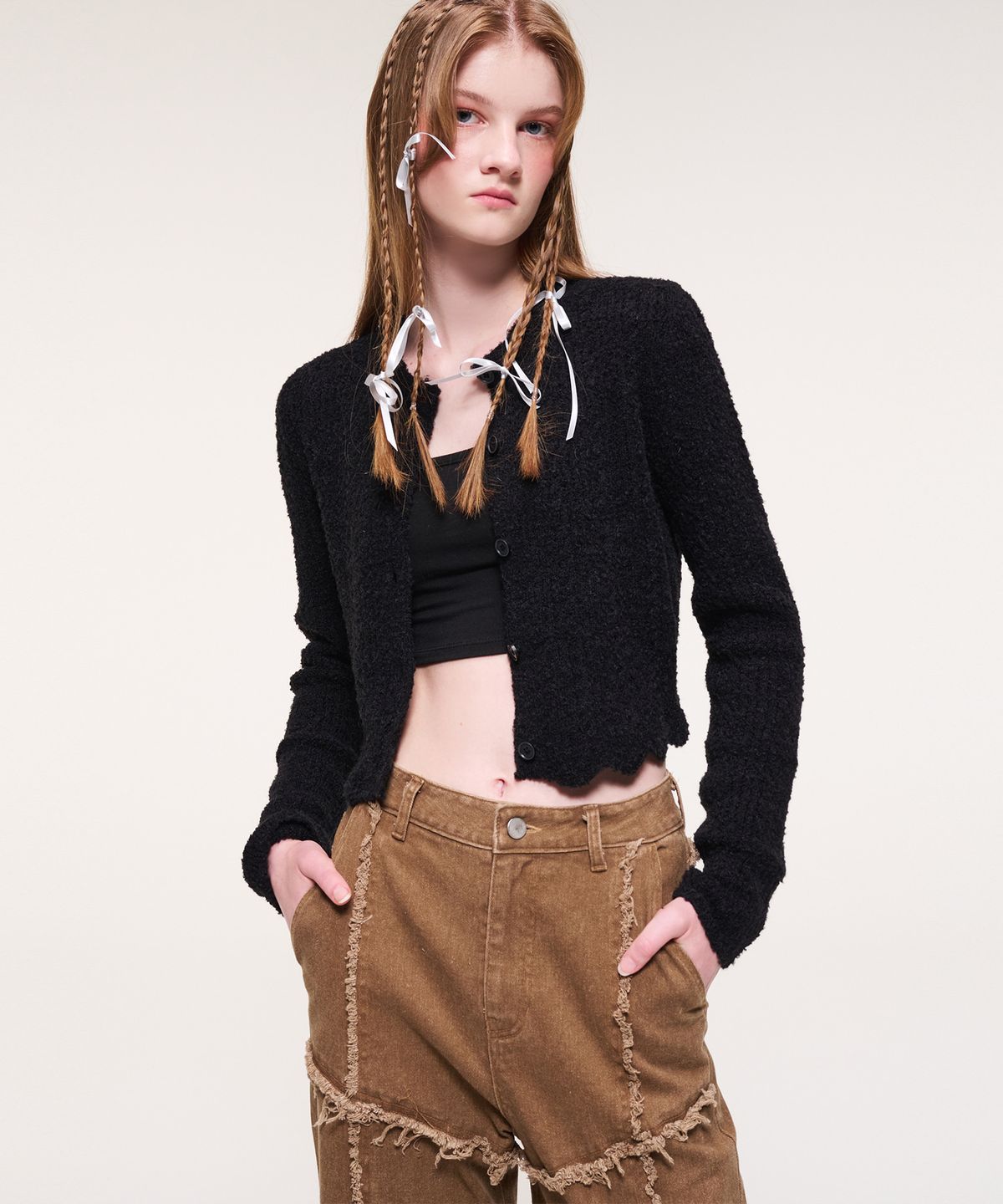 에트몽(ETMON) Curling Knit Cardigan, Black