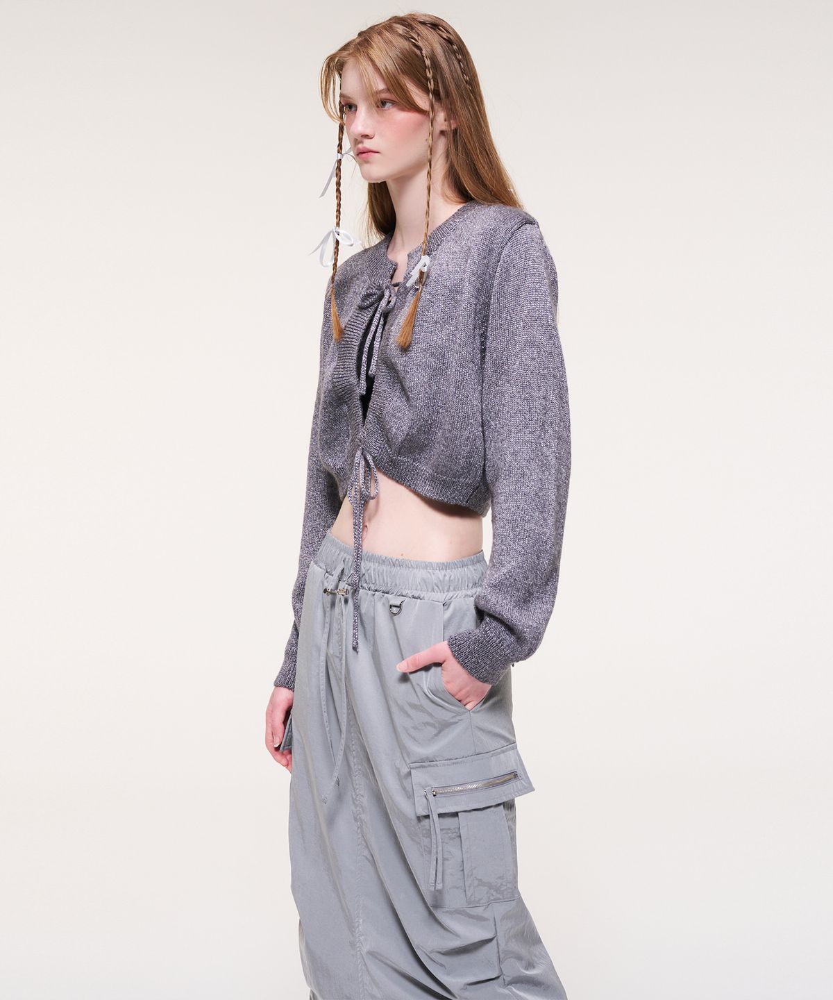 에트몽(ETMON) String Detail Knit Cardigan, Dark Lavender