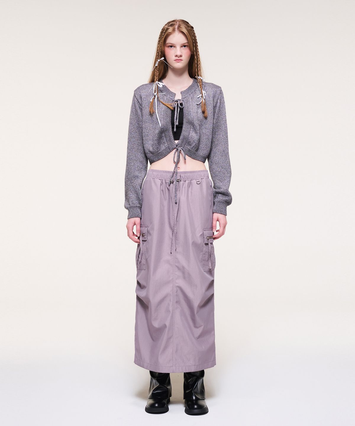 에트몽(ETMON) String Detail Knit Cardigan, Dark Lavender