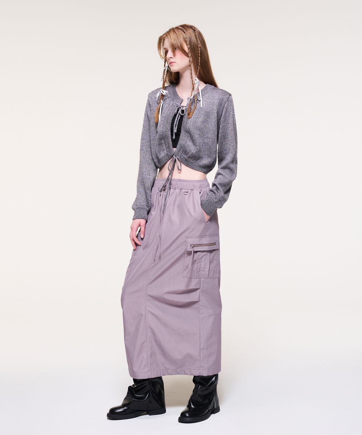 에트몽(ETMON) String Detail Knit Cardigan, Dark Lavender