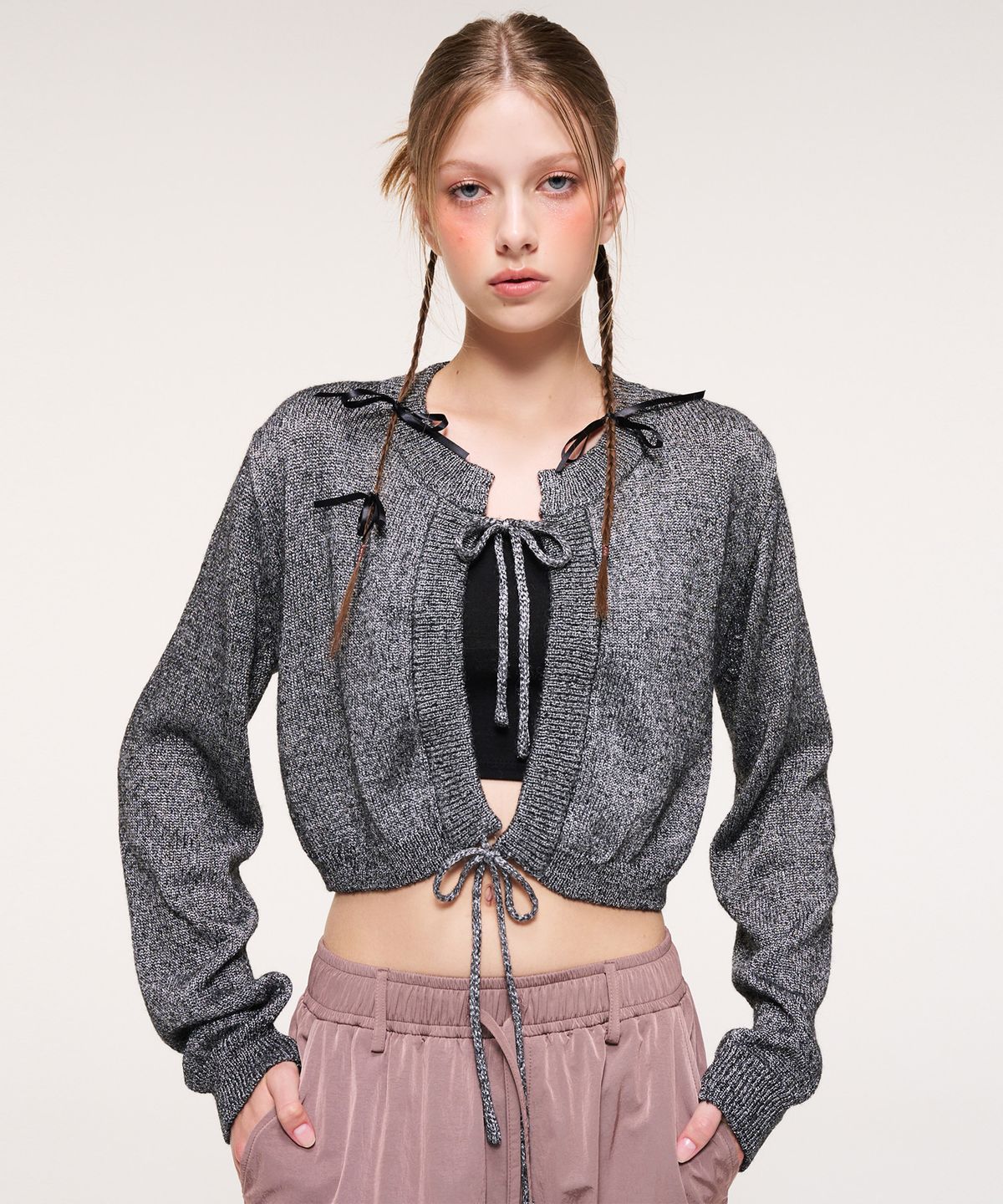 에트몽(ETMON) String Detail Knit Cardigan, Black