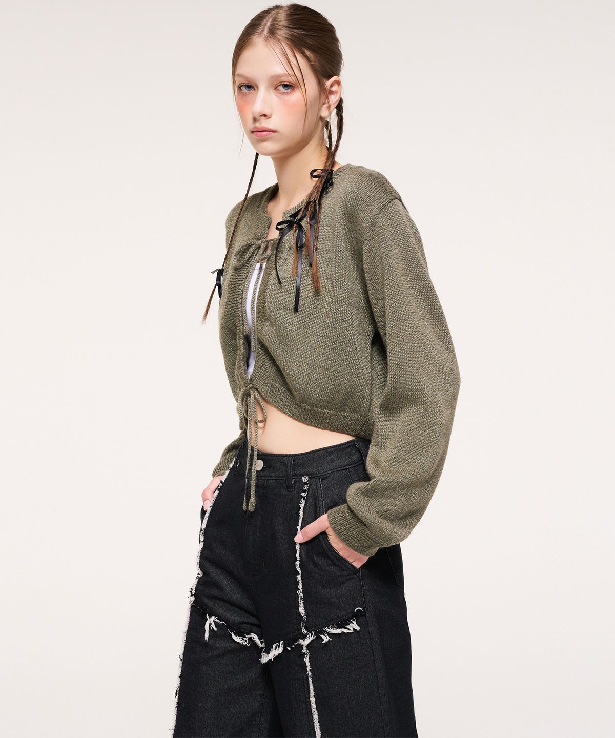 에트몽(ETMON) String Detail Knit Cardigan, Khaki