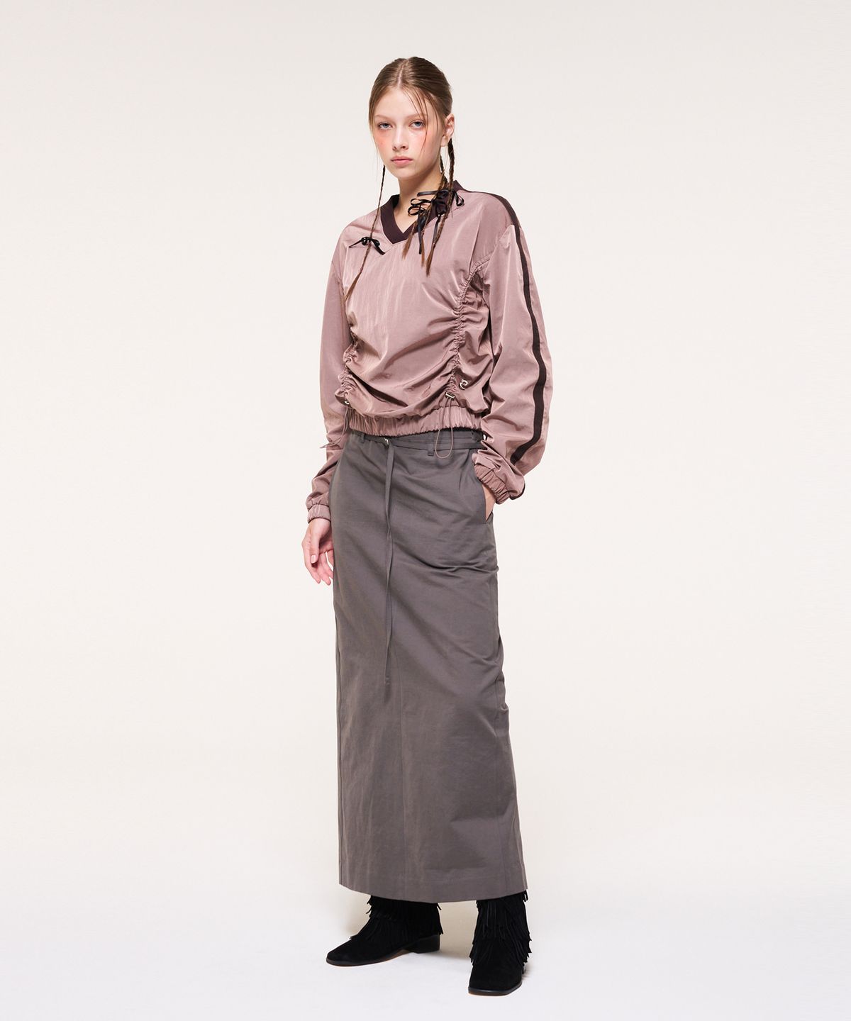 에트몽(ETMON) Nylon Shirring V-Neck Top, Brown Pink