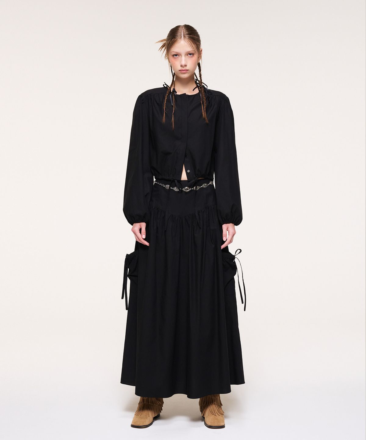 에트몽(ETMON) Shirring Pocket Long Skirt, Black