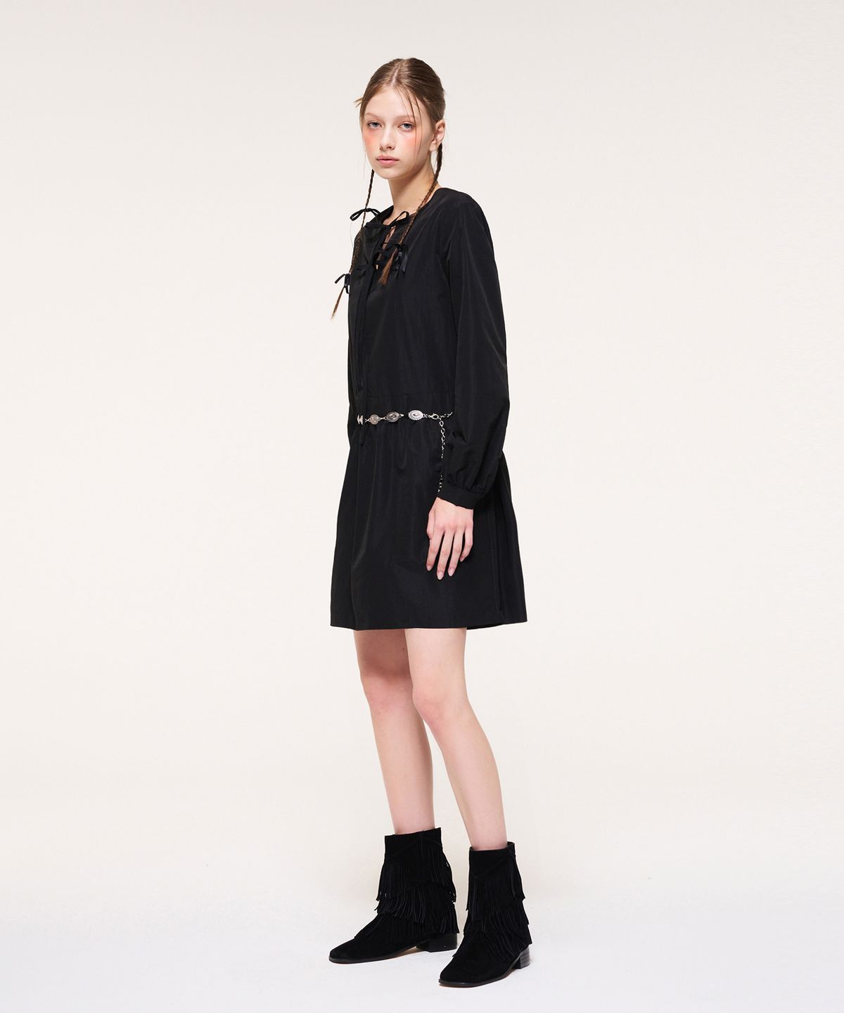 에트몽(ETMON) Ribbon Strap Mini Dress, Black