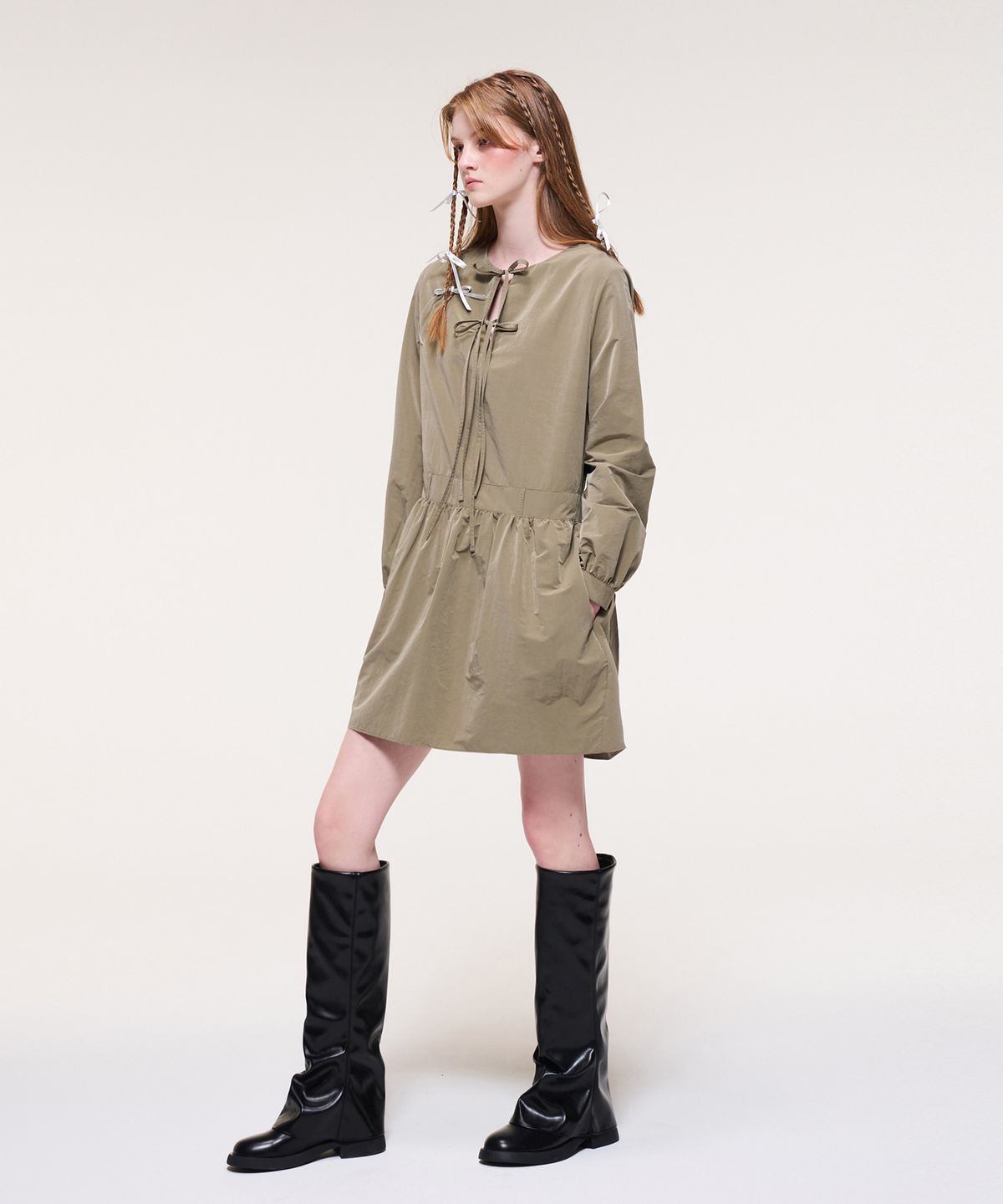 에트몽(ETMON) Ribbon Strap Mini Dress, Khaki Brown