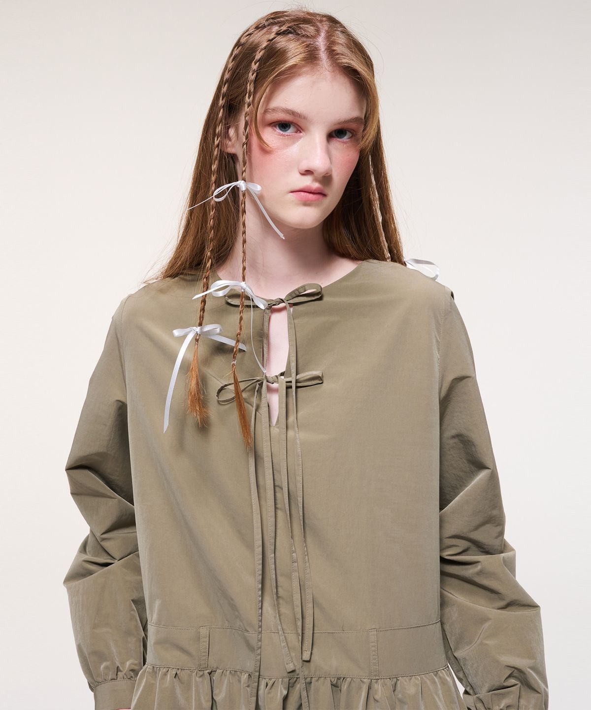 에트몽(ETMON) Ribbon Strap Mini Dress, Khaki Brown