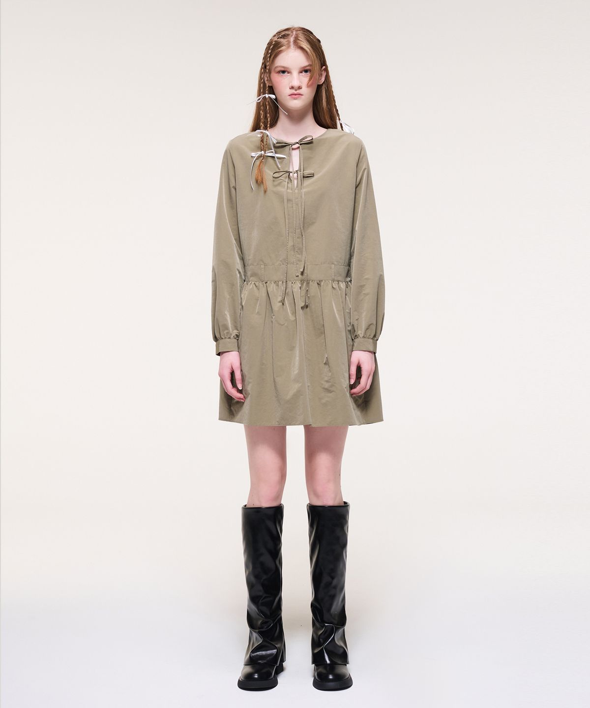 에트몽(ETMON) Ribbon Strap Mini Dress, Khaki Brown
