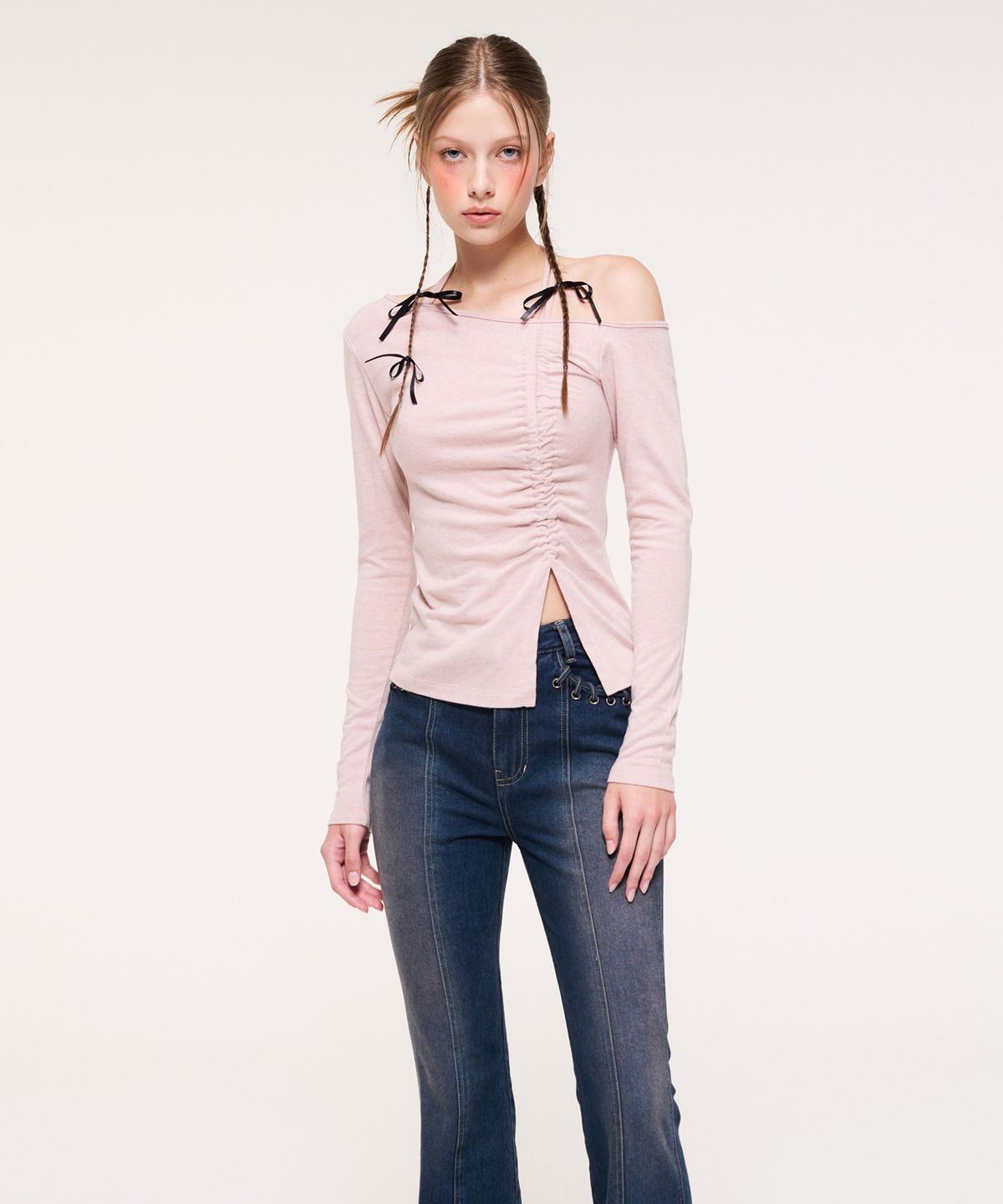 에트몽(ETMON) String One Off Shoulder T-Shirt, Pink