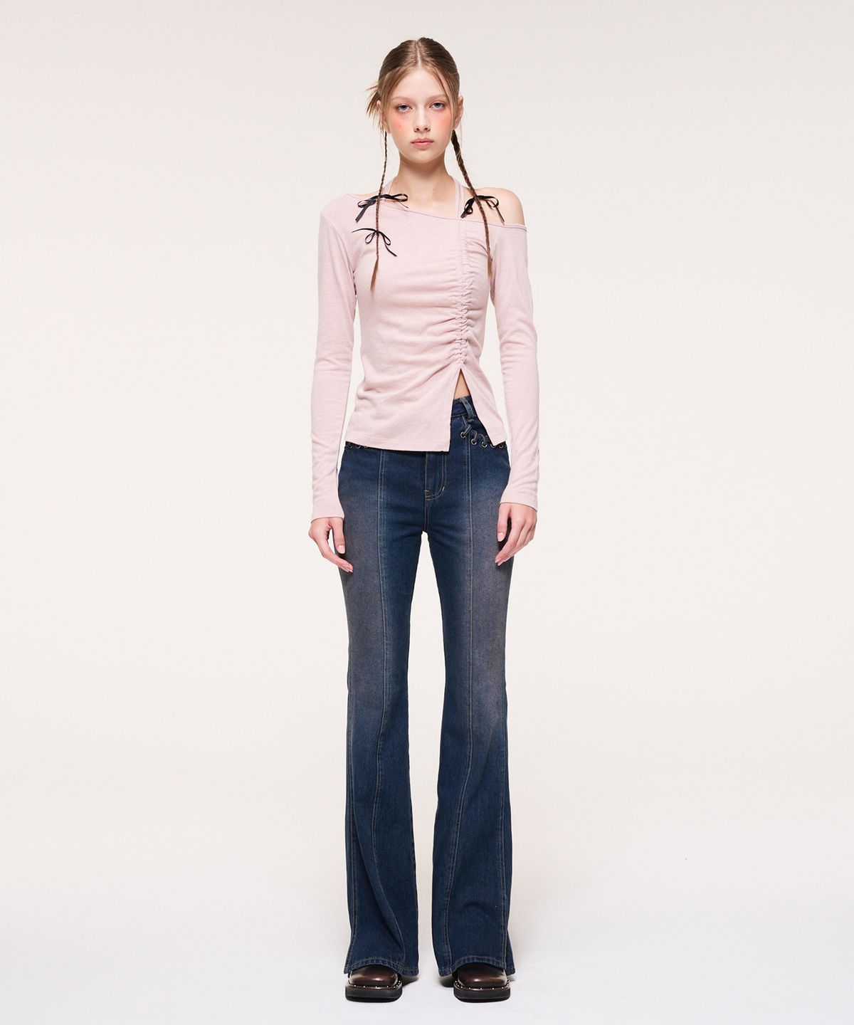 에트몽(ETMON) String One Off Shoulder T-Shirt, Pink