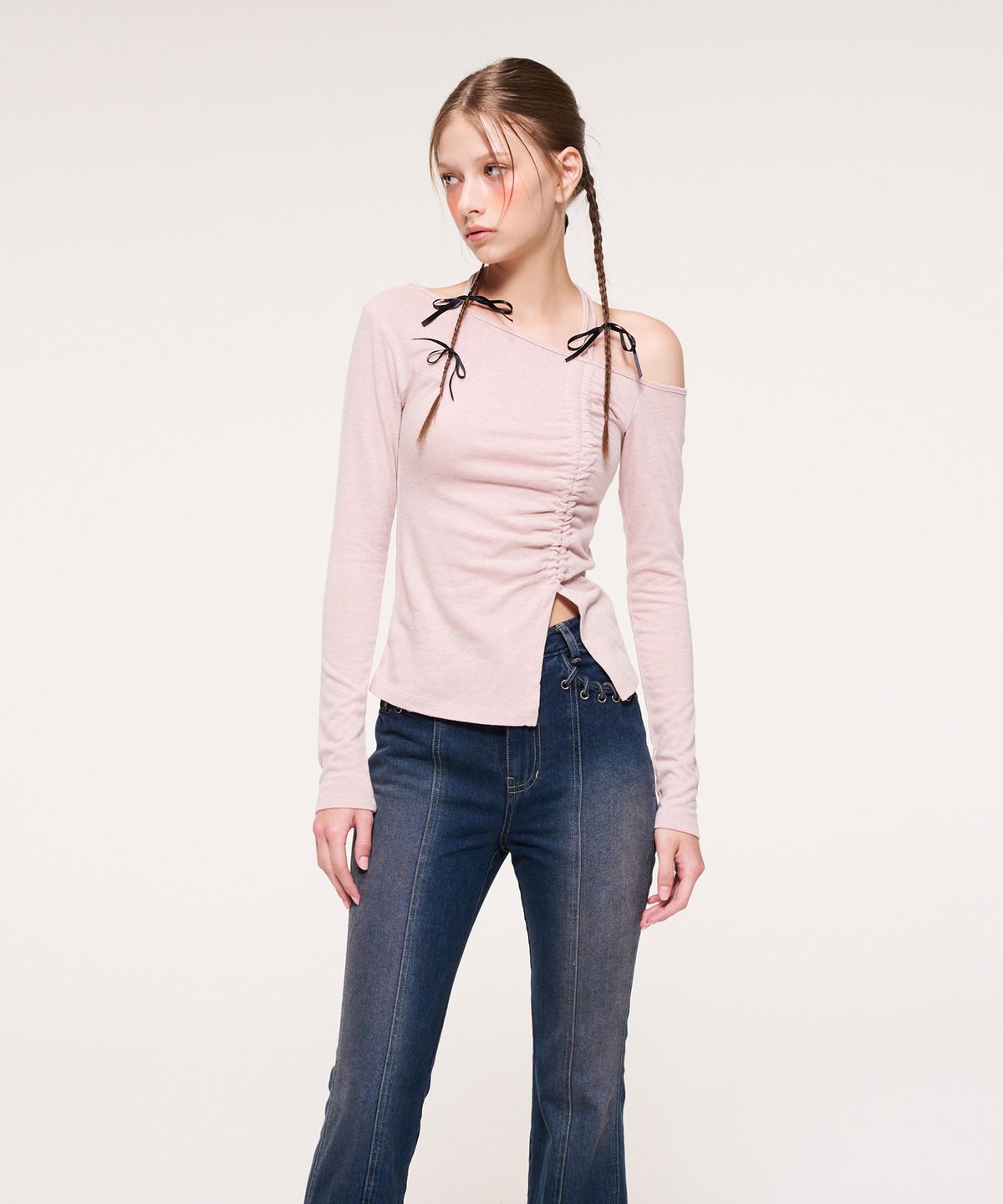 에트몽(ETMON) String One Off Shoulder T-Shirt, Pink
