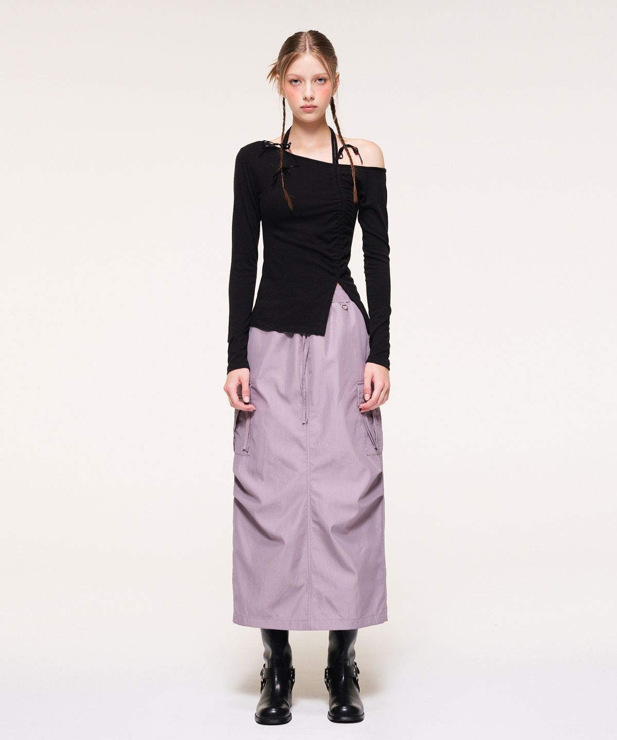 에트몽(ETMON) String One Off Shoulder T-Shirt, Black