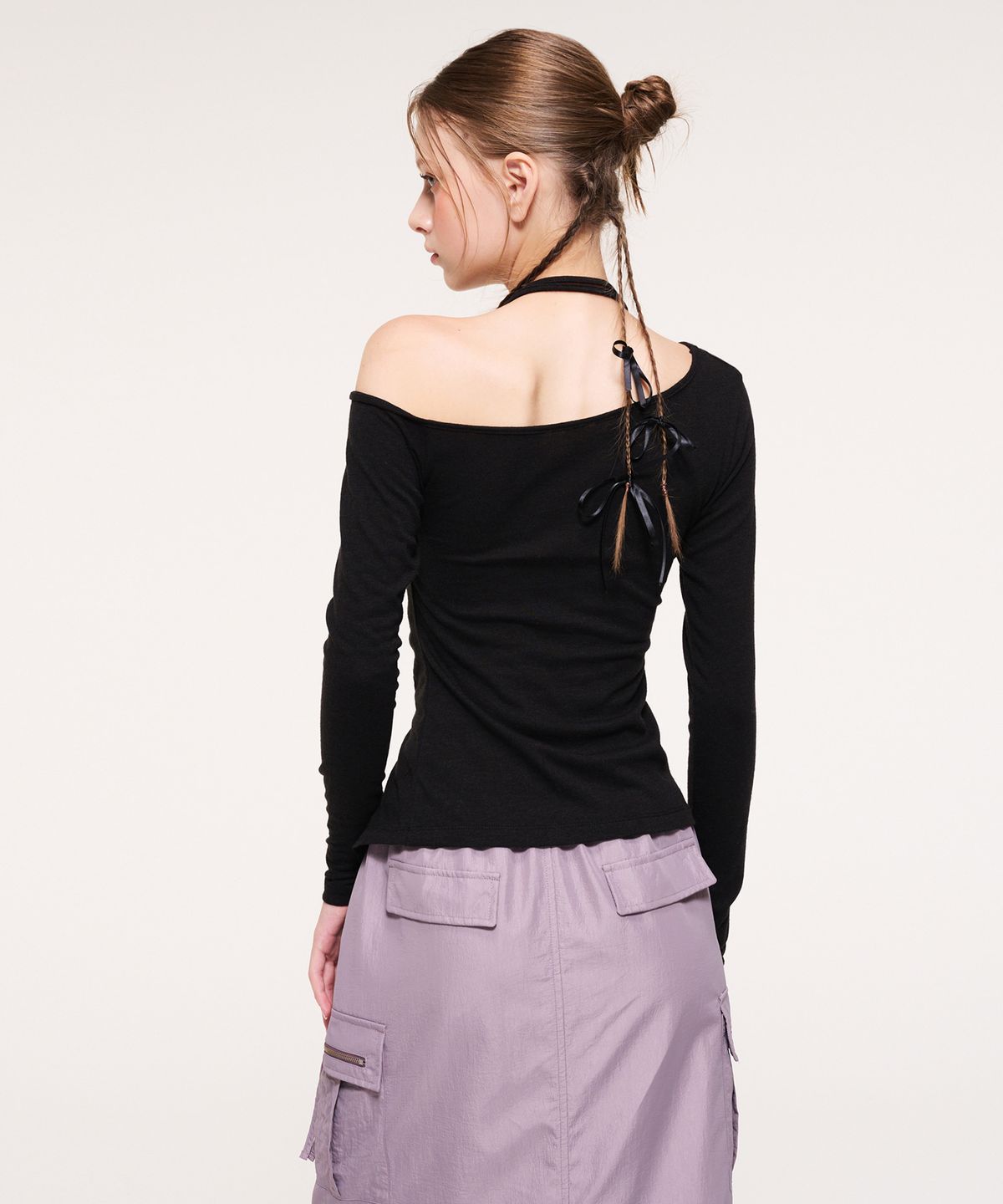 에트몽(ETMON) String One Off Shoulder T-Shirt, Black