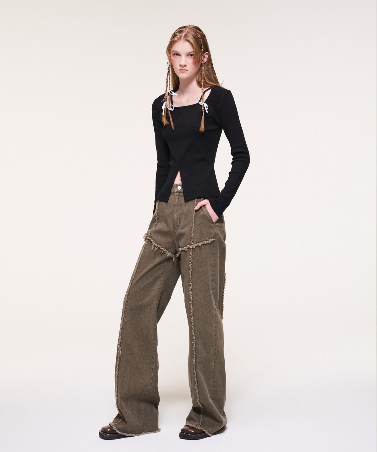 에트몽(ETMON) Damage Denim Pants, Khaki Brown