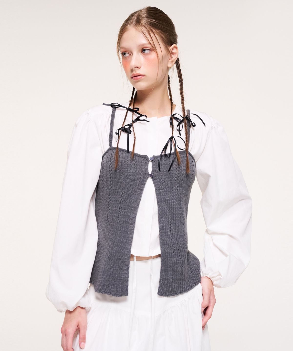 에트몽(ETMON) Slit Layered Knit Bustier, Charcoal Grey