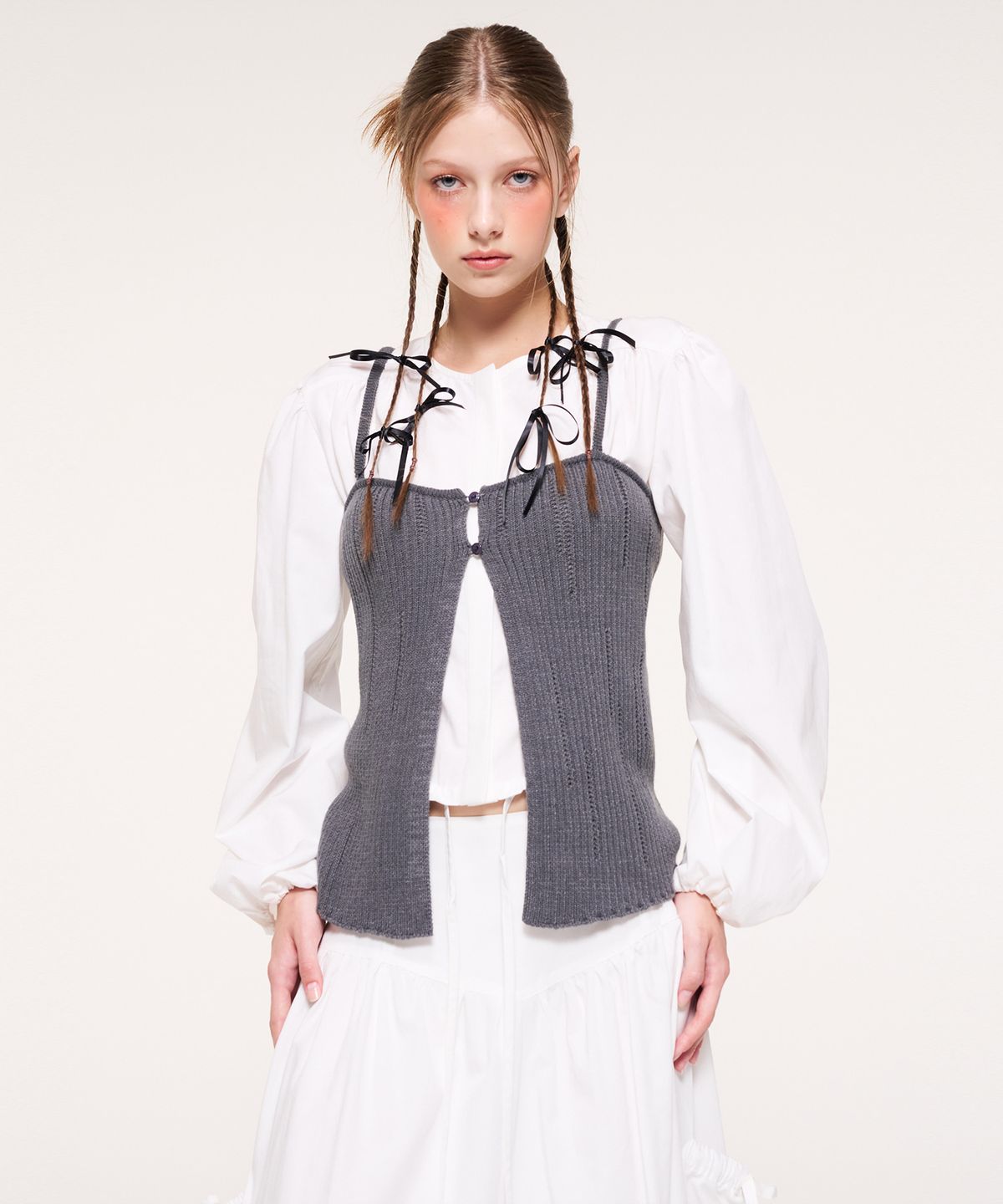 에트몽(ETMON) Slit Layered Knit Bustier, Charcoal Grey