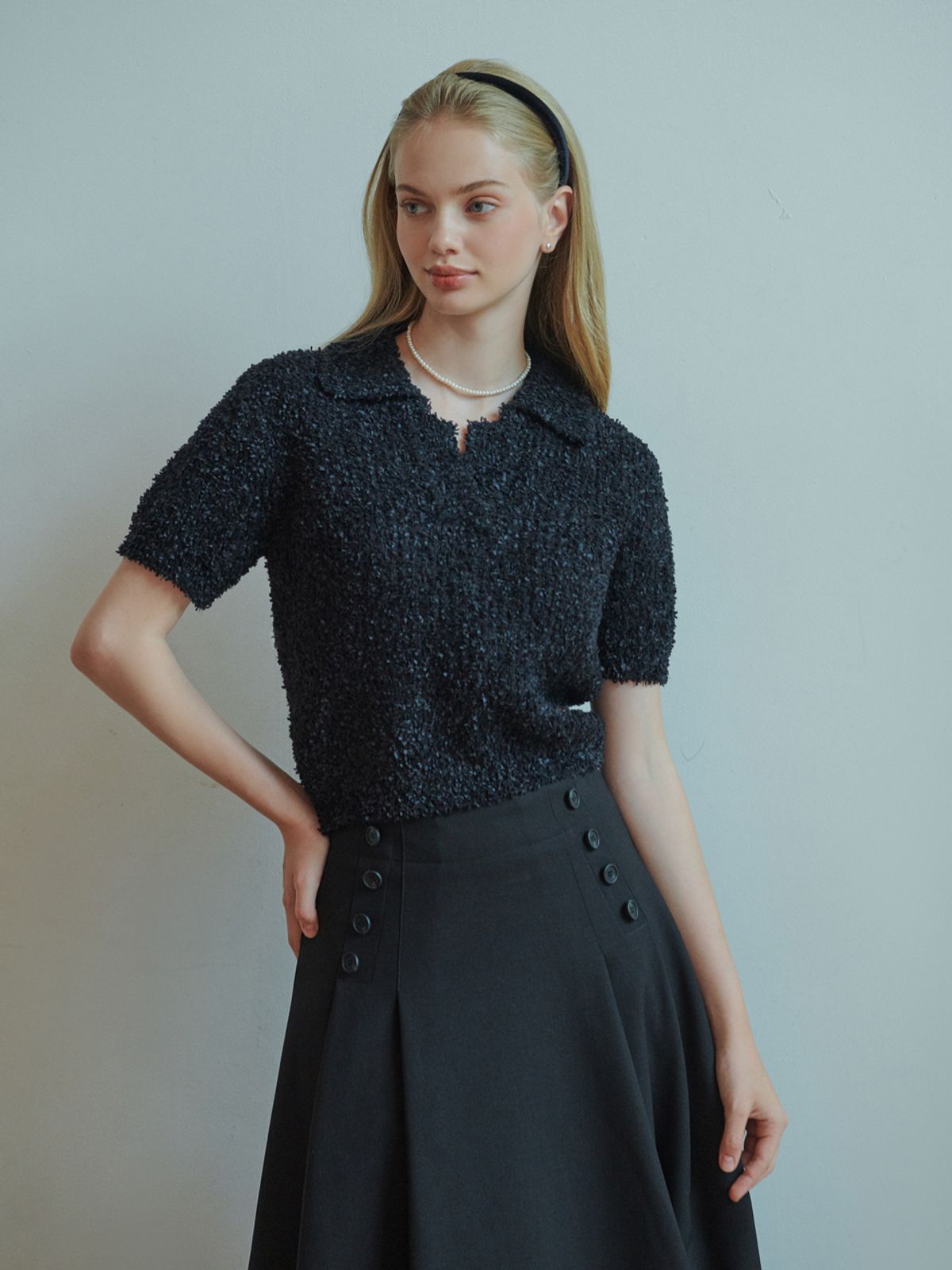 리엘(RE L) Pear open collar knit (black)