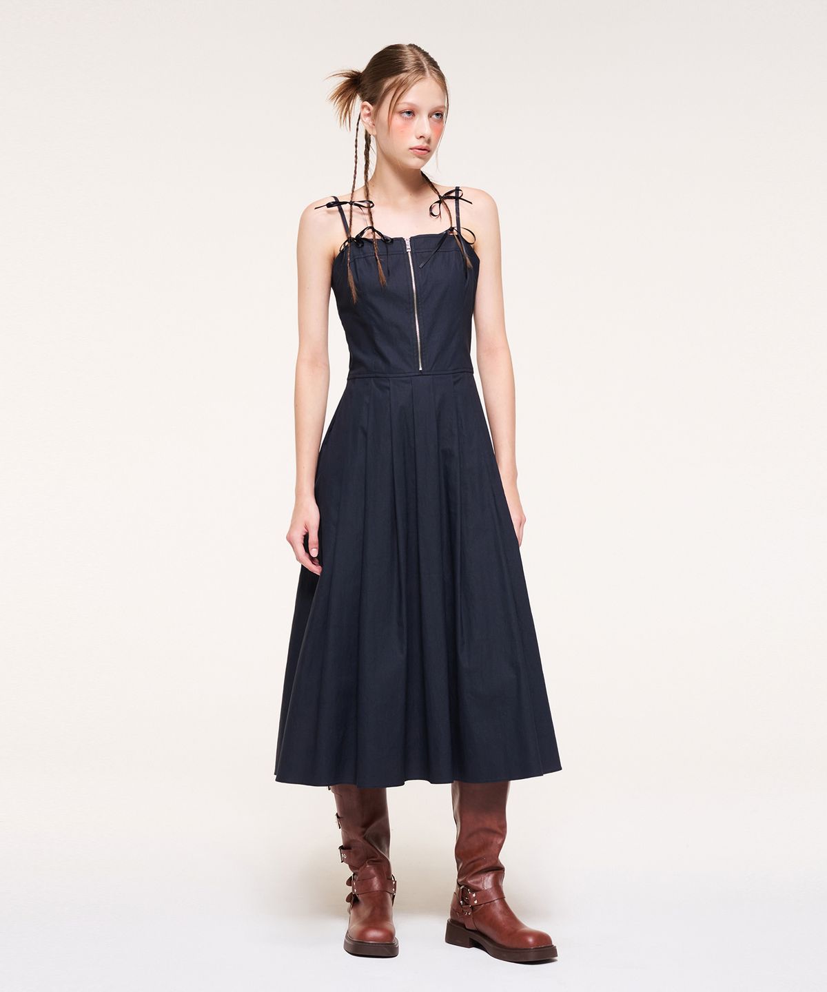 에트몽(ETMON) Front Zipper Pleats Slip Dress, Navy
