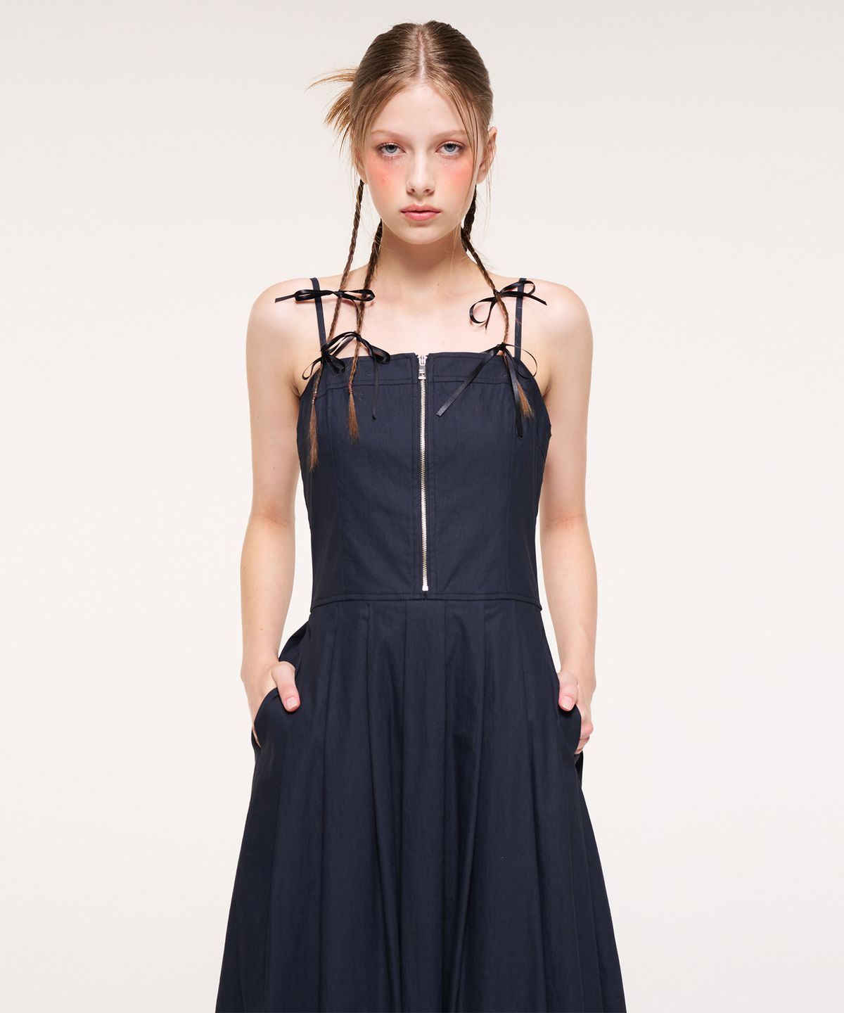 에트몽(ETMON) Front Zipper Pleats Slip Dress, Navy