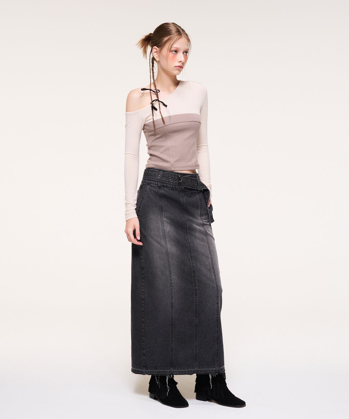에트몽(ETMON) Wide Belt Long Denim Skirt, Black