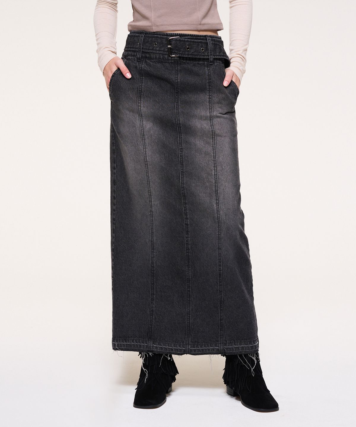 에트몽(ETMON) Wide Belt Long Denim Skirt, Black